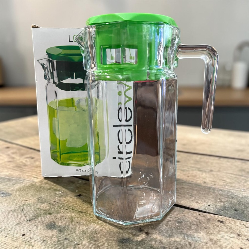 Circleware Lodge 50 oz Hexagon Heavy Glass Pitcher with Green Lid Made in Turkey